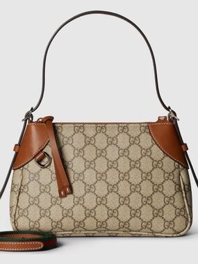 Gucci Beige and Brown GG Canvas Shoulder Bag with Leather Trim